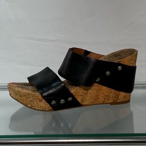 Lucky Brand Leather Cork Wedge Black Size 6.5M